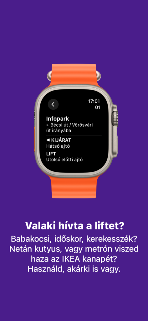 Leszálló: Get there faster - Apple Watch showing Leszallo app with exit and elevator door info for Budapest transit.