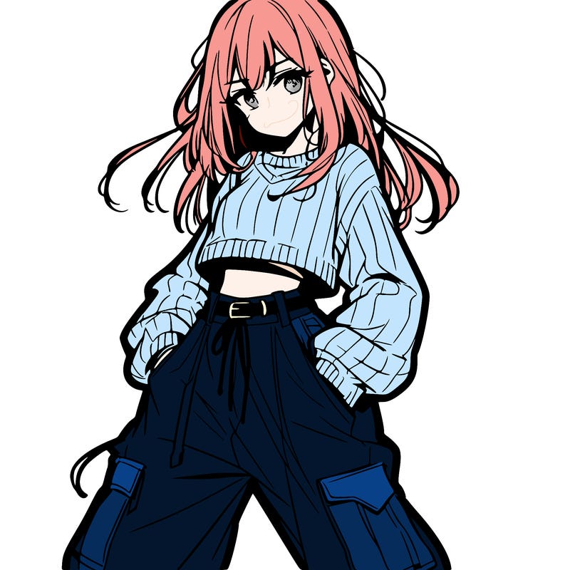 anime teen girl with baggy pants and crop top with sweater