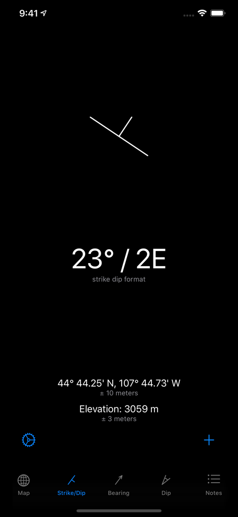 Strike and Dip - 地質学における走向・傾斜測定画面。座標と標高を表示しています。