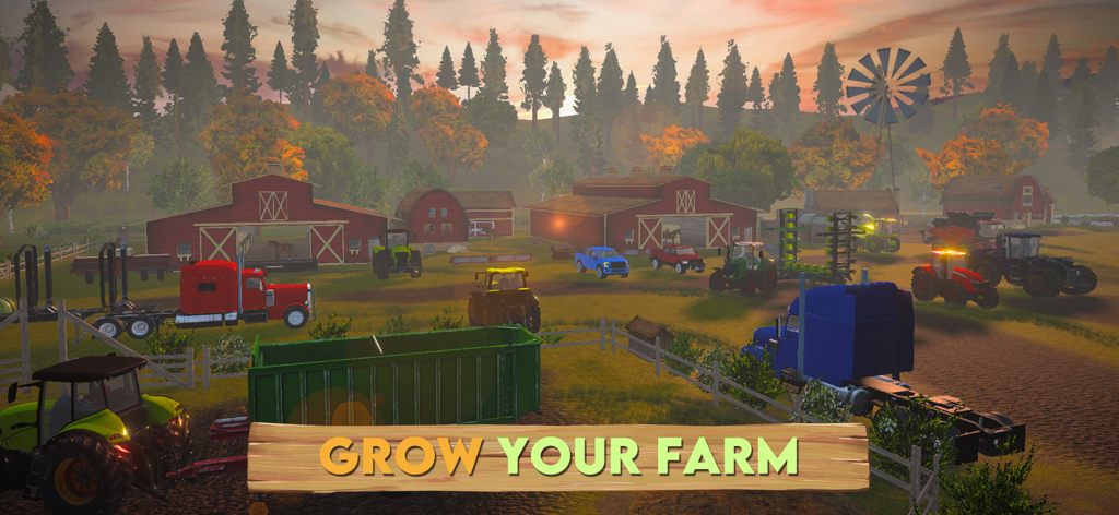 Farm Sim 2024 - A wide variety of farm machinery and vehicles parked on a farm during sunset in Farm Sim 2024