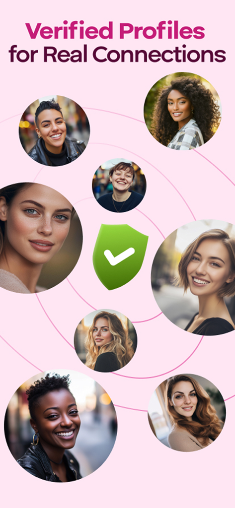 PinkCupid app screen showing verified profiles of diverse women with a central safety checkmark icon