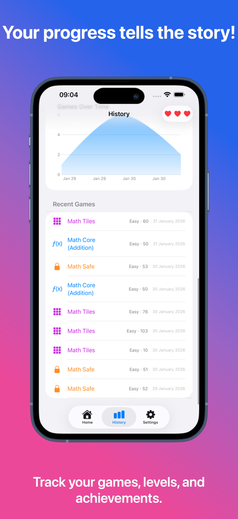 AddiGo app screen displaying a progress graph and a list of recent mental math games with scores.