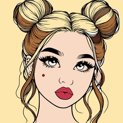 realistic girl with two buns on her hair and lips