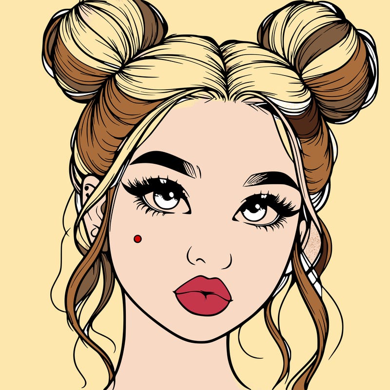 realistic girl with two buns on her hair and lips