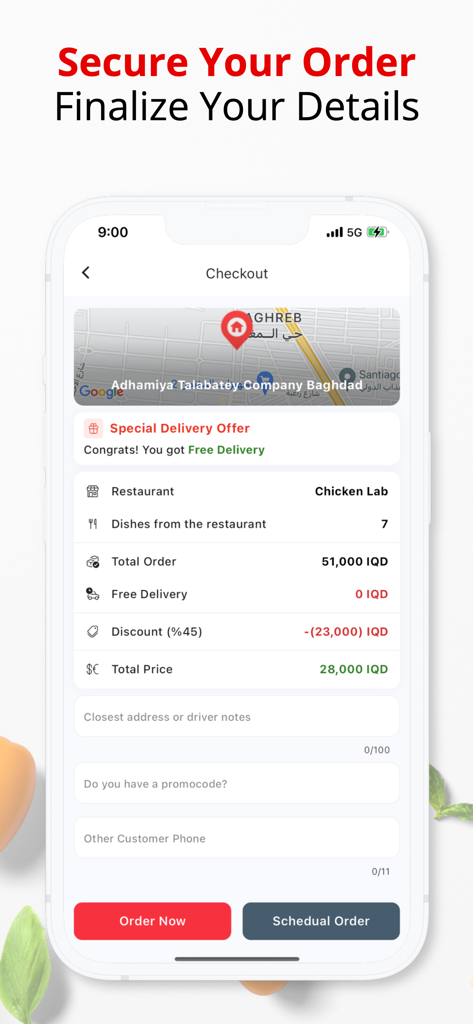 Checkout screen of the Talabatey app showing order summary and delivery map for a restaurant in Baghdad