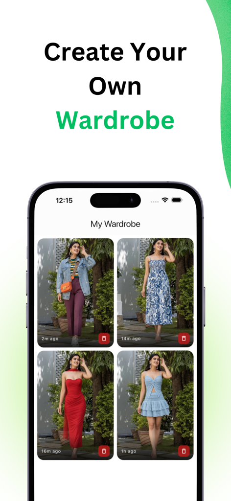 TryOn AI - try on any outfit - A mobile app screen showing a virtual wardrobe with diverse AI fashion looks