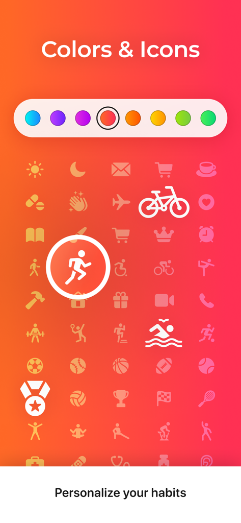 HabitApp: Habit Tracker - Interface for personalizing habits with various colors and activity icons