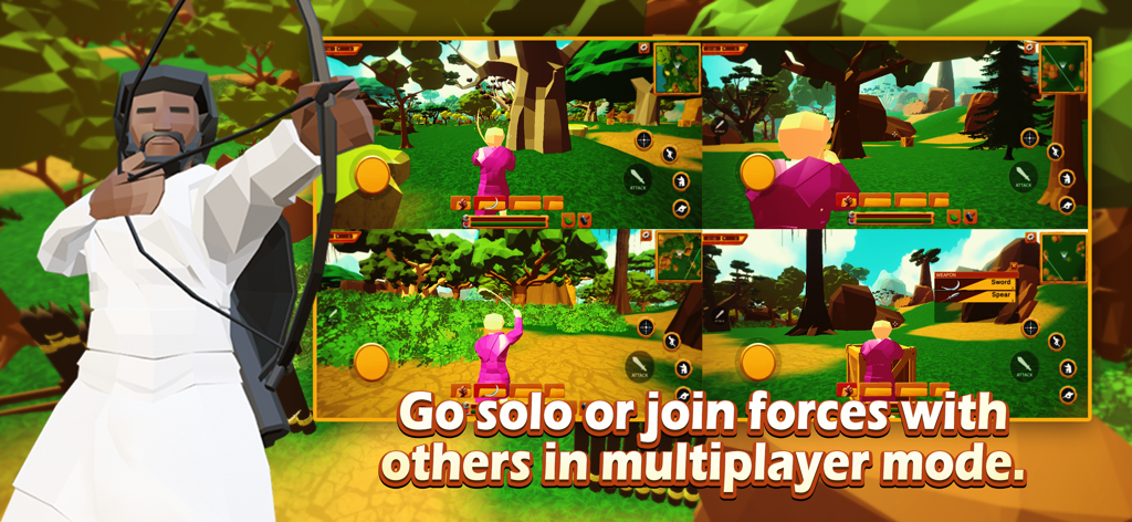Rise Of Fearless - A low-poly character aiming a bow with gameplay panels showing the multiplayer mode of Rise of Fearless.