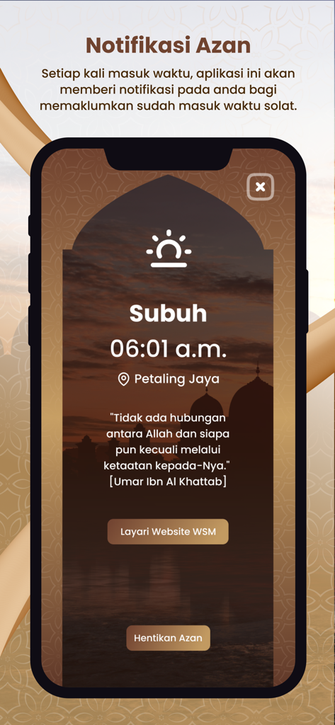 Waktu Solat Malaysia - Waktu Solat Malaysia app display showing an Adhan notification for Subuh prayer