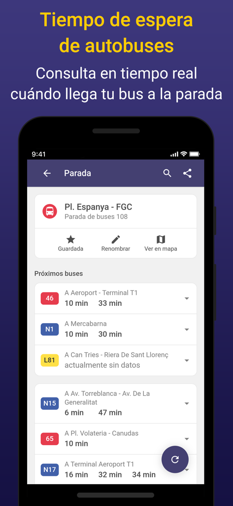 Barcelona Bus Metro Transporte - Schermata dello smartphone che mostra gli orari di arrivo degli autobus in tempo reale e i minuti di attesa per diverse linee di trasporto presso una fermata a Barcellona.