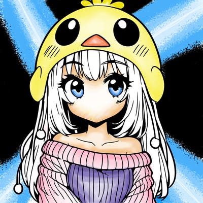 anime girl with chick shaped hat with sweater with bare shoulders with bangs covering them one eye with low tail
