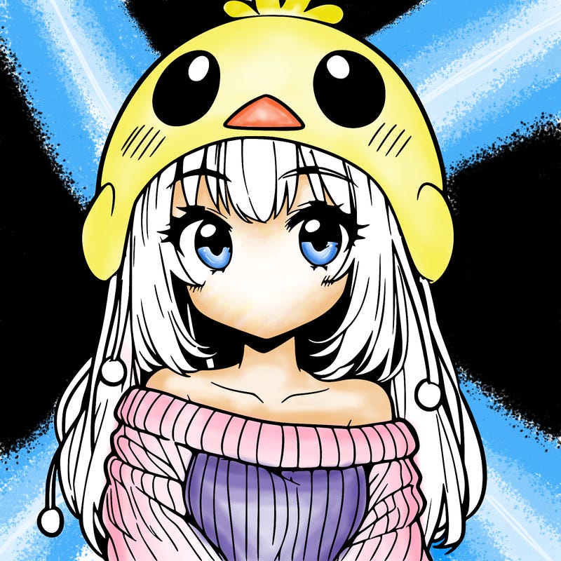 anime girl with chick shaped hat with sweater with bare shoulders with bangs covering them one eye with low tail