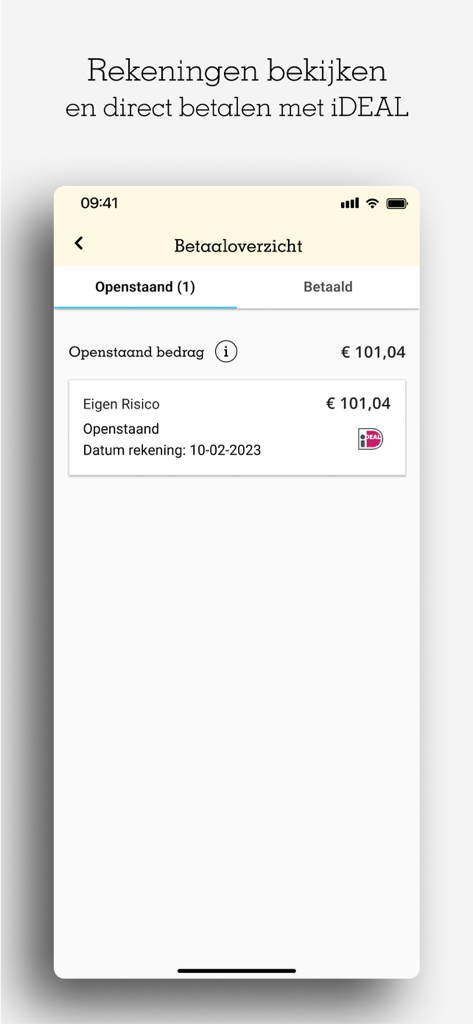 Pantalla de resumen de pagos en la app de seguros de salud de ASR mostrando una factura pendiente y la opción de pago iDEAL