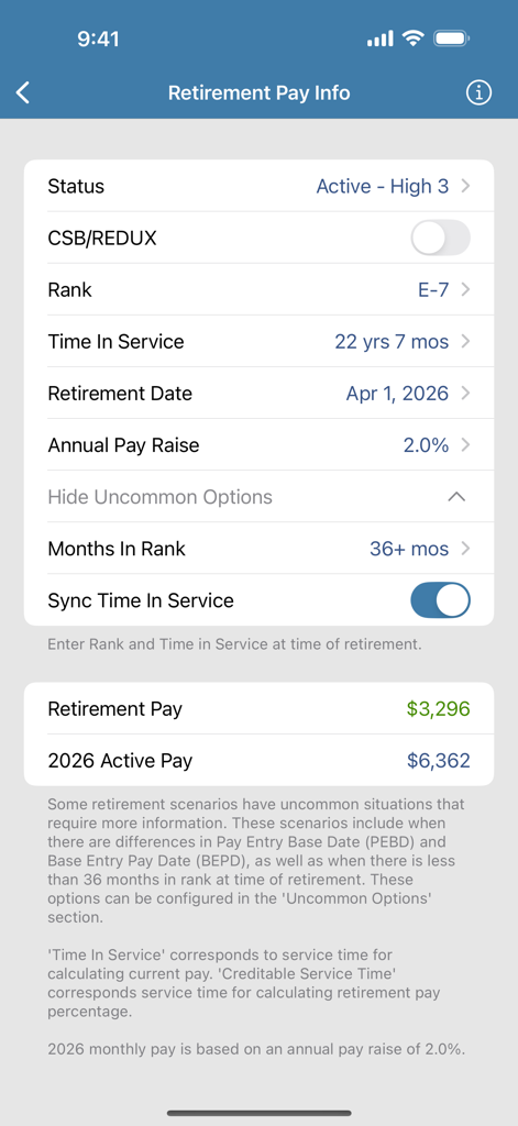 Resultados del cálculo de la paga de jubilación militar para un miembro del servicio con rango E-7