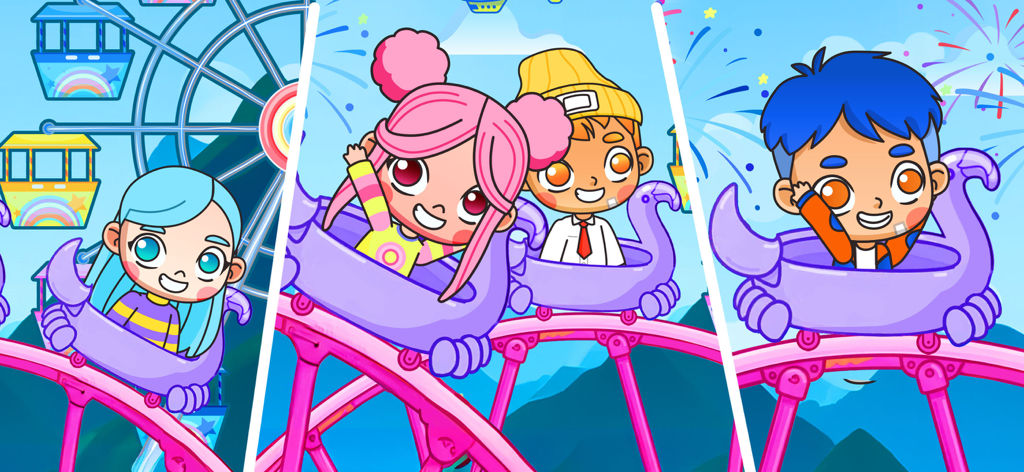PlayWorld: Create Your Story - Four cute cartoon characters having fun riding a roller coaster at a theme park