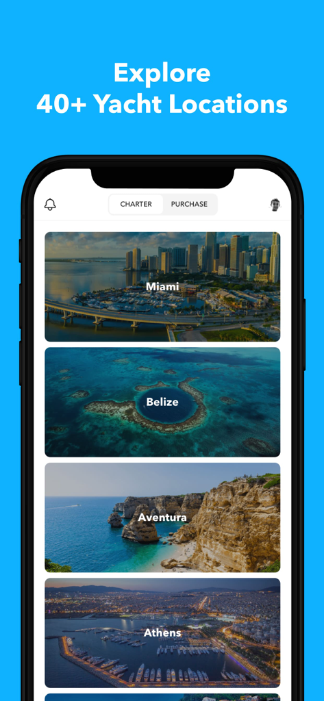 YachtLife | Yacht Charter - YachtLife app screen displaying luxury yacht charter locations in Miami, Belize, Aventura, and Athens.