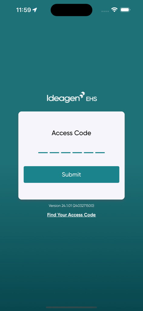 Ideagen EHS - Ideagen EHS app access code entry screen for secure enterprise login