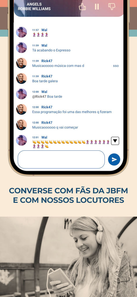 JB FM | 99.9 | RIO DE JANEIRO - A woman listening to the JB FM radio app next to a screenshot of the live listener chat community