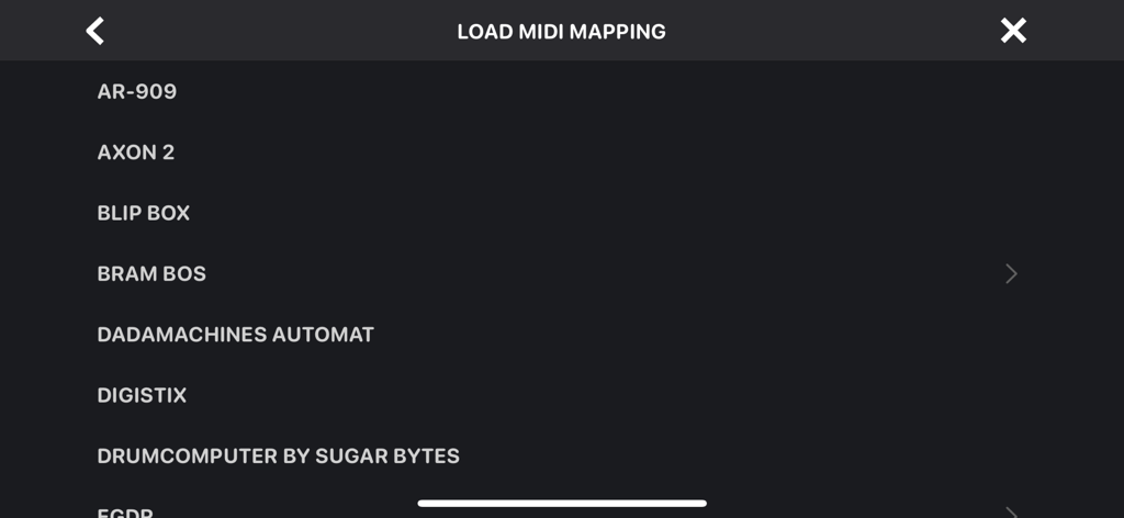 A menu screen in the Octachron app showing a list of MIDI mapping presets for various drum hardware and software