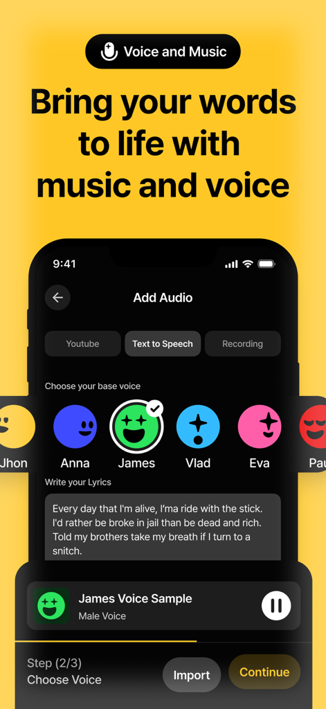 Weights: AI Voice Covers - Mobile app screen for text-to-speech voice selection with various character avatars in Weights AI