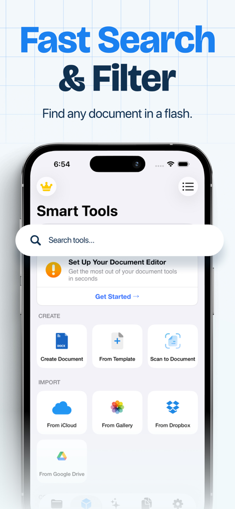 Word Editor mobile app screen showing smart tools for document creation and cloud import options with a search bar at the top