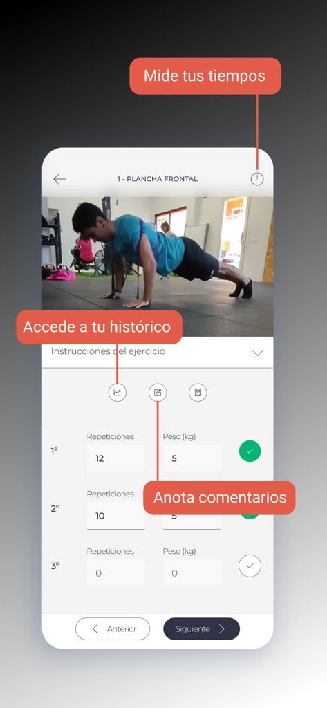 VCT Espai Salut - VCT Espai Salut app interface showing a video demonstration of a plank exercise with fields for logging repetitions and weight.