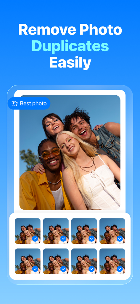 Oxio - Cleaner App - Interface of Oxio Cleaner App showing the photo duplicate removal feature with a selected best photo and several duplicates marked for deletion