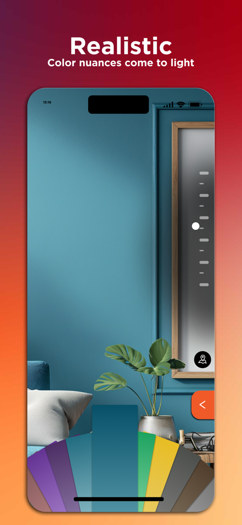 Fable - Paint visualizer - Interfaz de la aplicación móvil que muestra una pared azul con visualización de color de pintura realista y una paleta de varios tonos.