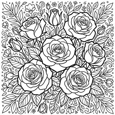 Celebrate the gentle beauty of spring with this exquisite coloring page featuring a bountiful arrangement of white roses. Perfect for artists seeking a detailed floral design to bring to life with their favorite colors.