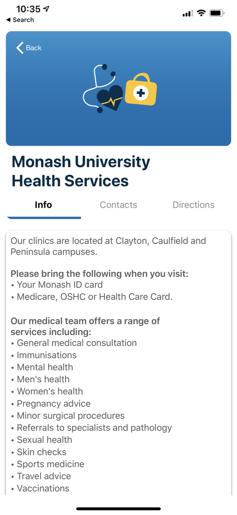Monash bSafe - Captura de pantalla de la página de información de los Servicios de Salud de la Universidad Monash en la aplicación bSafe que enumera clínicas y servicios médicos