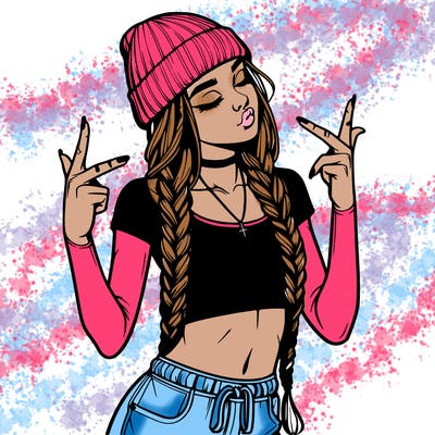 realistic teenage girl with braids and a beanie and crop top doing 🫶🏼