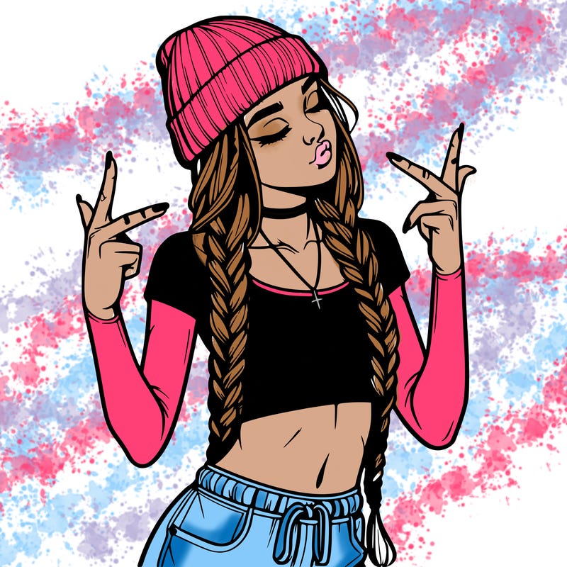 realistic teenage girl with braids and a beanie and crop top doing 🫶🏼