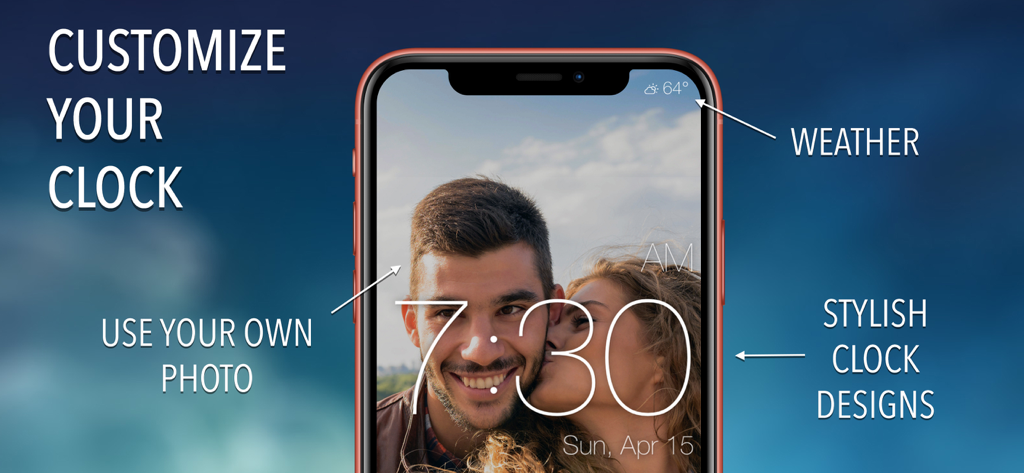 Alarm Clock - Pantalla de smartphone que muestra la aplicación de despertador con un fondo de foto personalizado y visualización del clima local.