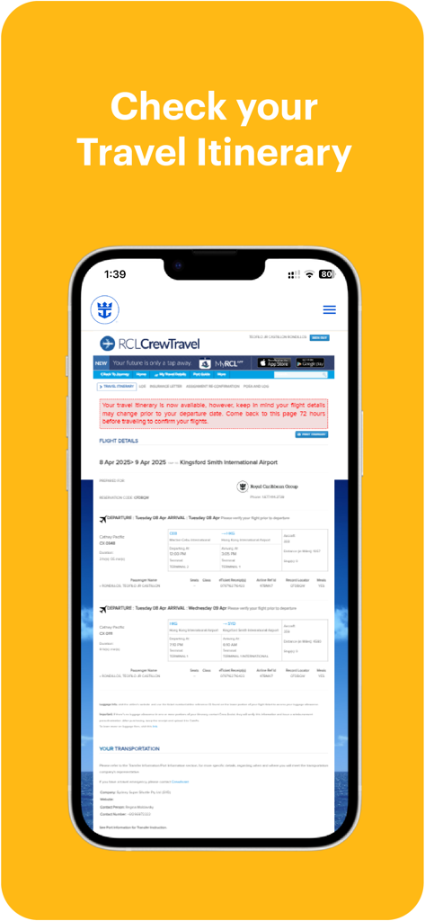 MyRCL app screen showing travel itinerary and flight details for crew members