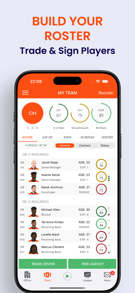 Pocket GM 3: Football Sim - Team roster management screen in Pocket GM 3 showing player stats and trade options