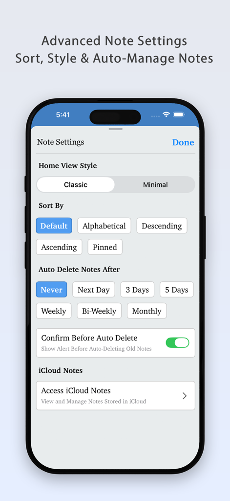 NotePad++ - Pro - Écran des paramètres avancés des notes dans NotePad Plus Pro pour le tri et la gestion automatique des notes sur iOS.