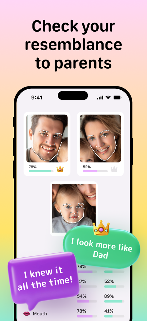 AI face match app interface showing baby resemblance comparison between parents with facial feature breakdown