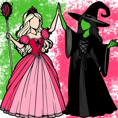 detailed realistic split of a princess and a witch