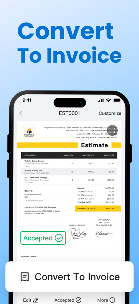 Interfaz de la aplicación InvoiceNow que muestra un presupuesto profesional aceptado siendo convertido en una factura.