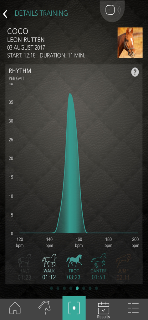 Equestic SaddleClip - Equestic SaddleClip app training details screen showing a rhythm graph and gait analysis for a horse