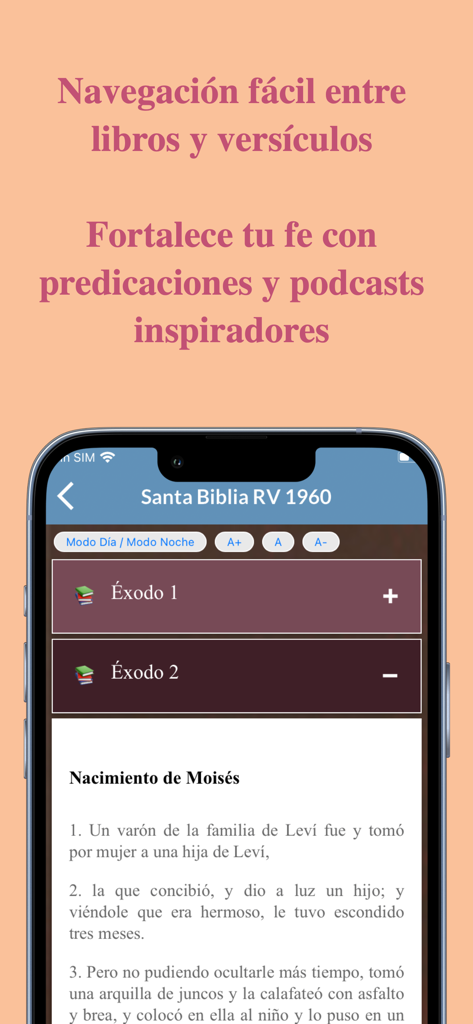 Biblia Reina Valera Español - Interfaz de la aplicación Biblia Reina Valera 1960 en español mostrando el texto del capítulo de Éxodo y la configuración de lectura