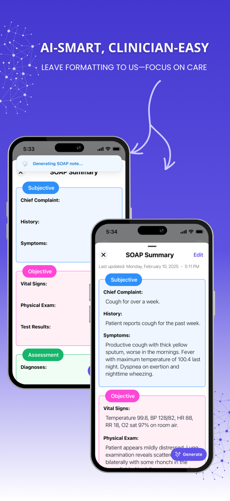 OrbVoice: Medical AI Scribe - Interfaz de la aplicación OrbVoice que muestra notas SOAP generadas por IA con documentación clínica y signos vitales.