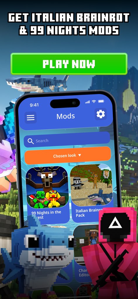 Mods & Addons for Minecraft - Interfaz de la aplicación de mods y complementos de Minecraft con paquetes temáticos de Italian Brainrot y 99 Nights