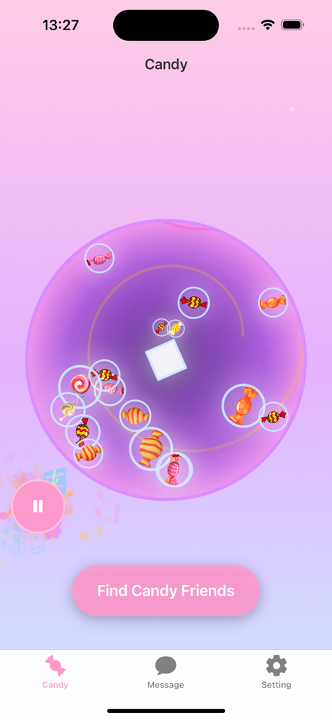 Candy Chat-Sweet Connections - Mobile app screen showing a purple vortex with candy icons and a pink Find Candy Friends button