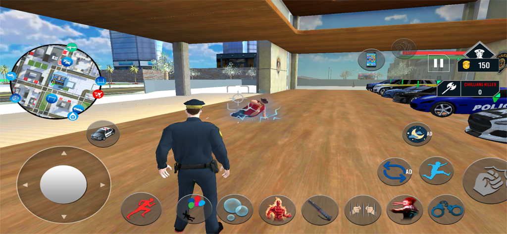 Police Officer Patrol Duty Sim - Third-person view of a police officer standing near patrol cars and a suspect in a city simulation game