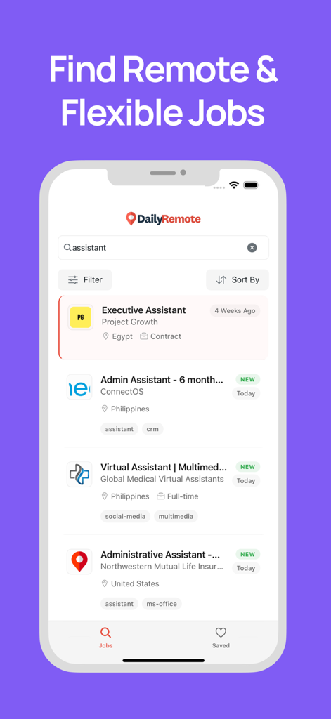 Schermata dell'app DailyRemote che mostra un elenco di offerte di lavoro per assistenti remoti con opzioni di ricerca e filtro