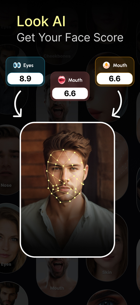 Look AI : Get Your Face Score - 男性の顔の目の周りと口のAI顔マッピングと美容スコア
