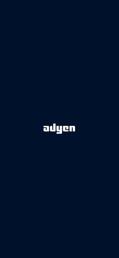 Adyen logo displayed on a dark blue splash screen for the Pay by Link mobile app
