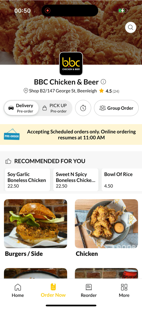 BBC Chicken & Beer - The BBC Chicken and Beer mobile app home screen featuring a menu with fried chicken and burgers.