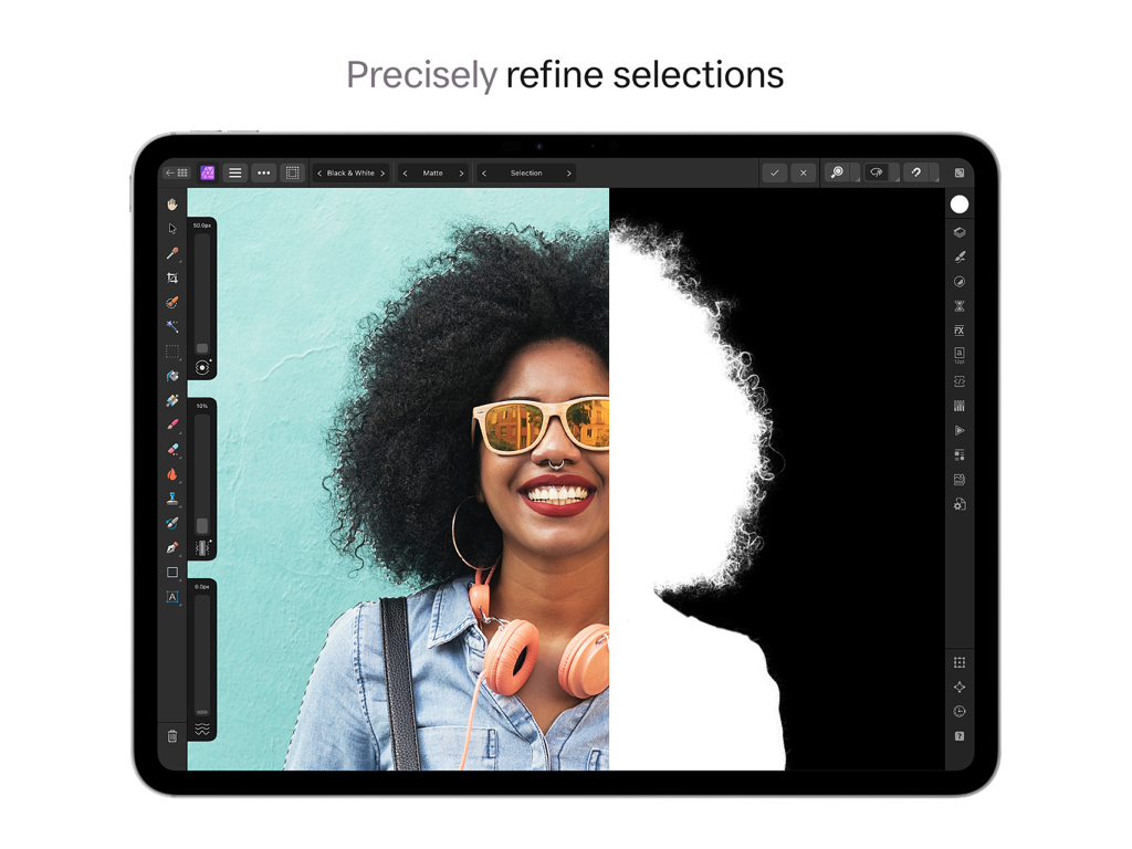 Refinando con precisión selecciones y máscaras complejas en Affinity Photo 2 para iPad.